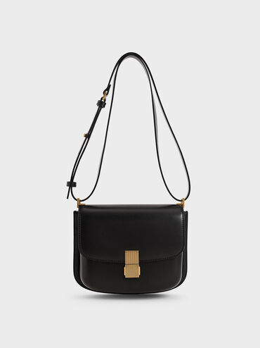 Metallic Push-Lock Shoulder Bag, Black, hi-res