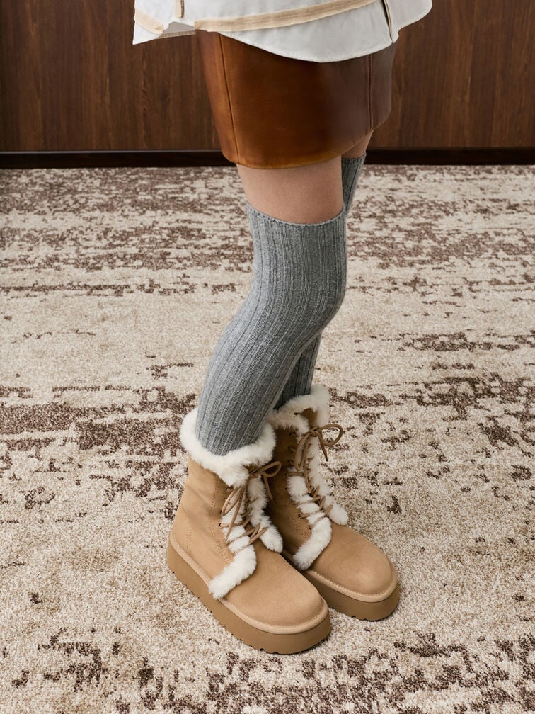 Faux Suede & Faux Fur Foldover Flatform Boots, Sand, hi-res