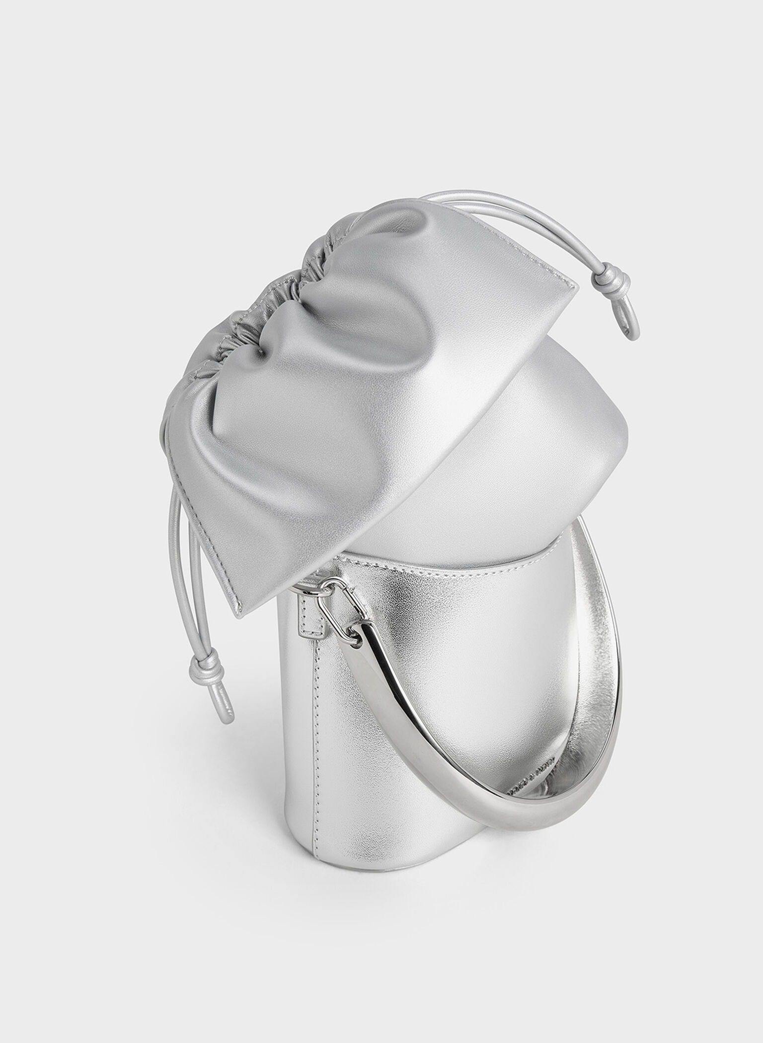Metallic Ruched-Flap Drawstring Bucket Bag, Silver, hi-res