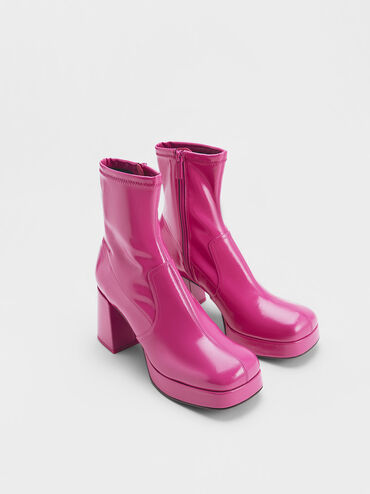 Patent Crinkle-Effect Block-Heel Boots, Fuchsia, hi-res