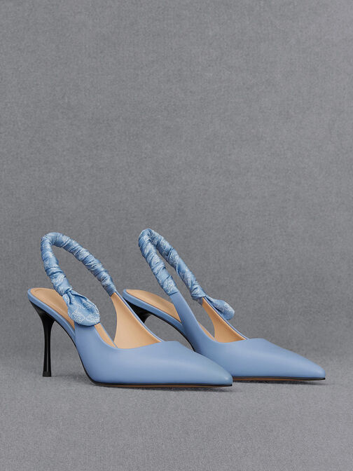 Leather Ruched Print Slingback Pumps, Light Blue, hi-res