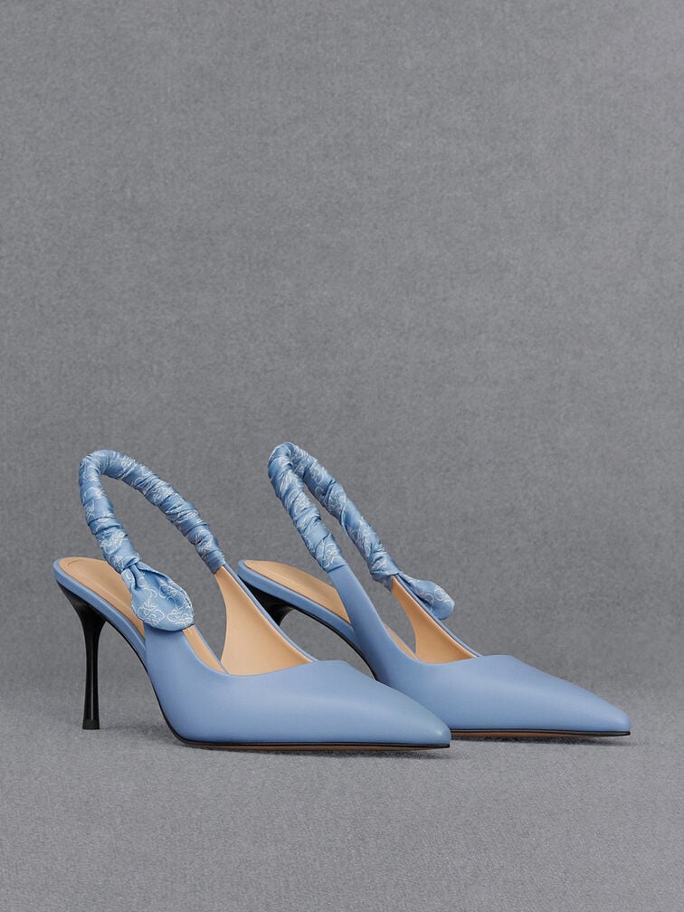 Zapatos de tacón destalonados de cuero efecto arrugado con estampado, Azul claro, hi-res