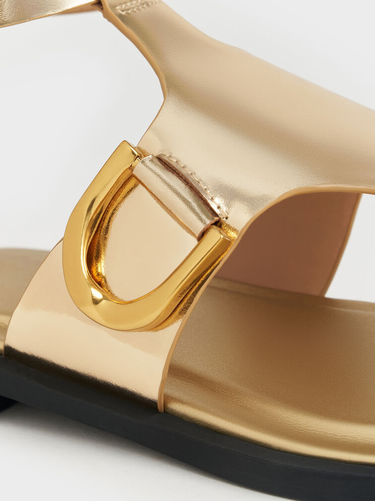 Gabine Metallic Leather Ankle-Strap Thong Sandals, Dorado, hi-res