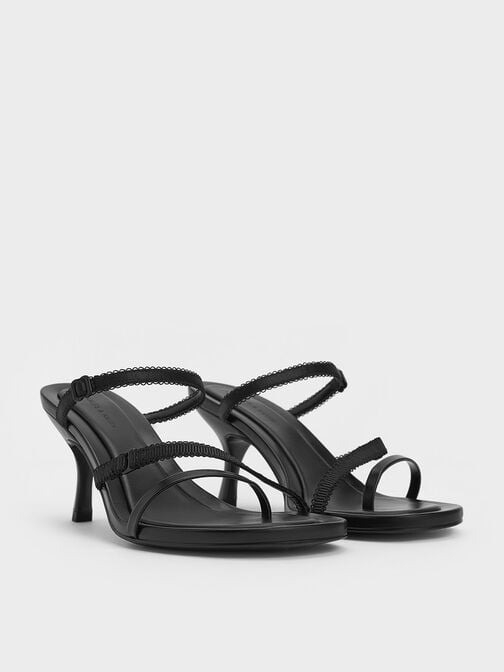 Strappy-Lace Thong Sandals, Black Textured, hi-res
