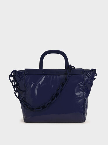 Large Patent Tote Bag, Dark Blue, hi-res
