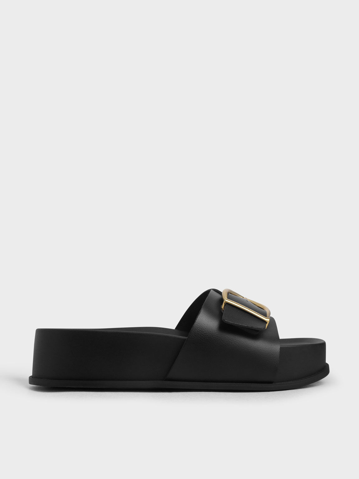 Metallic Buckle Flatform Sandals, Black, hi-res