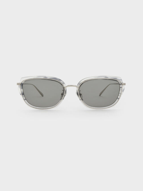Metallic Rim Geometric-Frame Sunglasses, Grey, hi-res