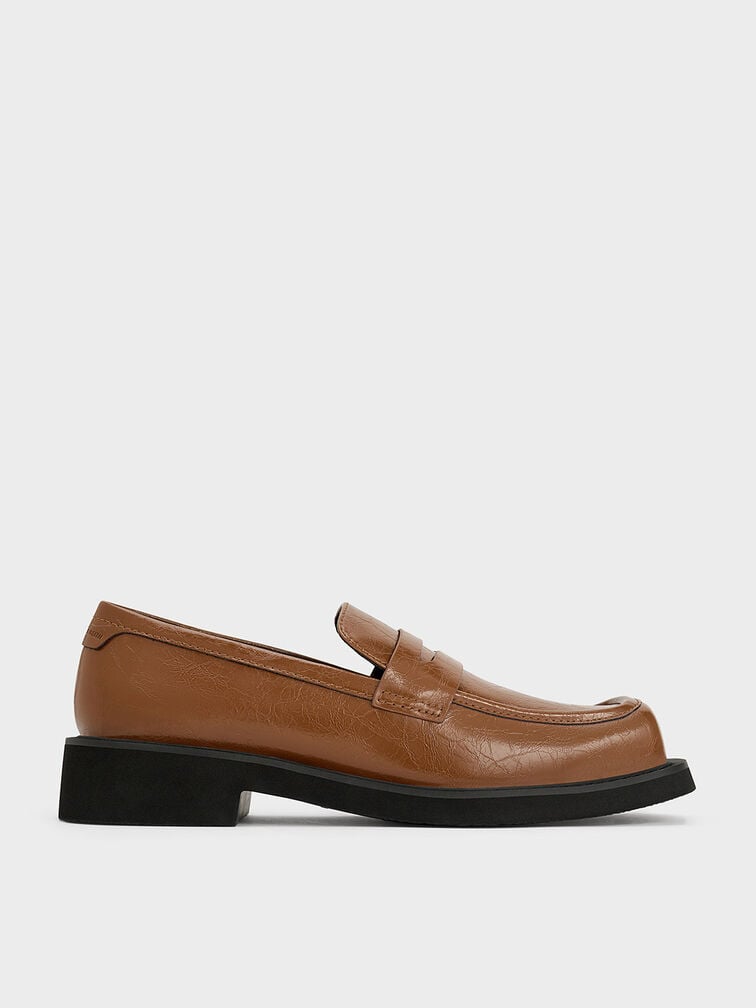 Monique Crinkle-Effect Square-Toe Loafers, Brown, hi-res