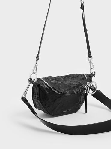 Wrinkled Effect Semi-Circle Crossbody Bag, Black, hi-res