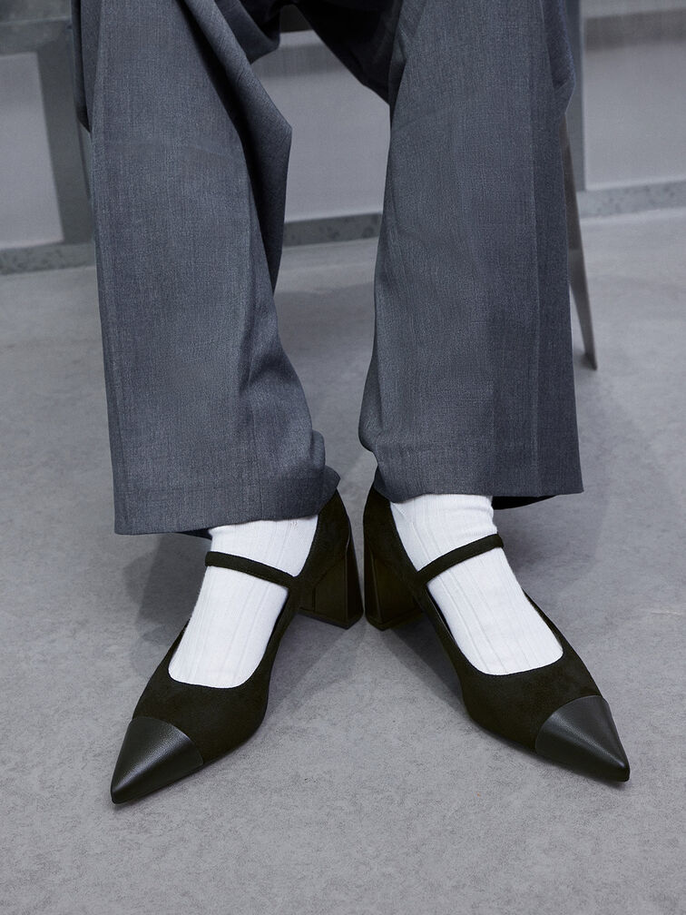Faux Suede Cap-Toe Pointed Mary Jane Pumps, Black Textured, hi-res
