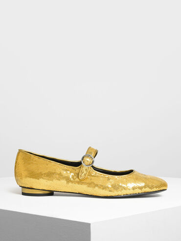 Sequin Mary Jane Flats, Gold, hi-res
