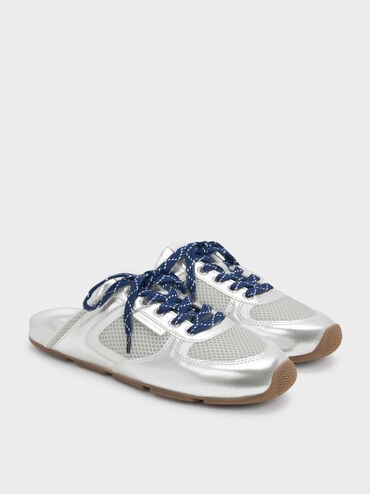 Metallic Mesh Patterned-Lace Slip-On Sneakers, Silver, hi-res