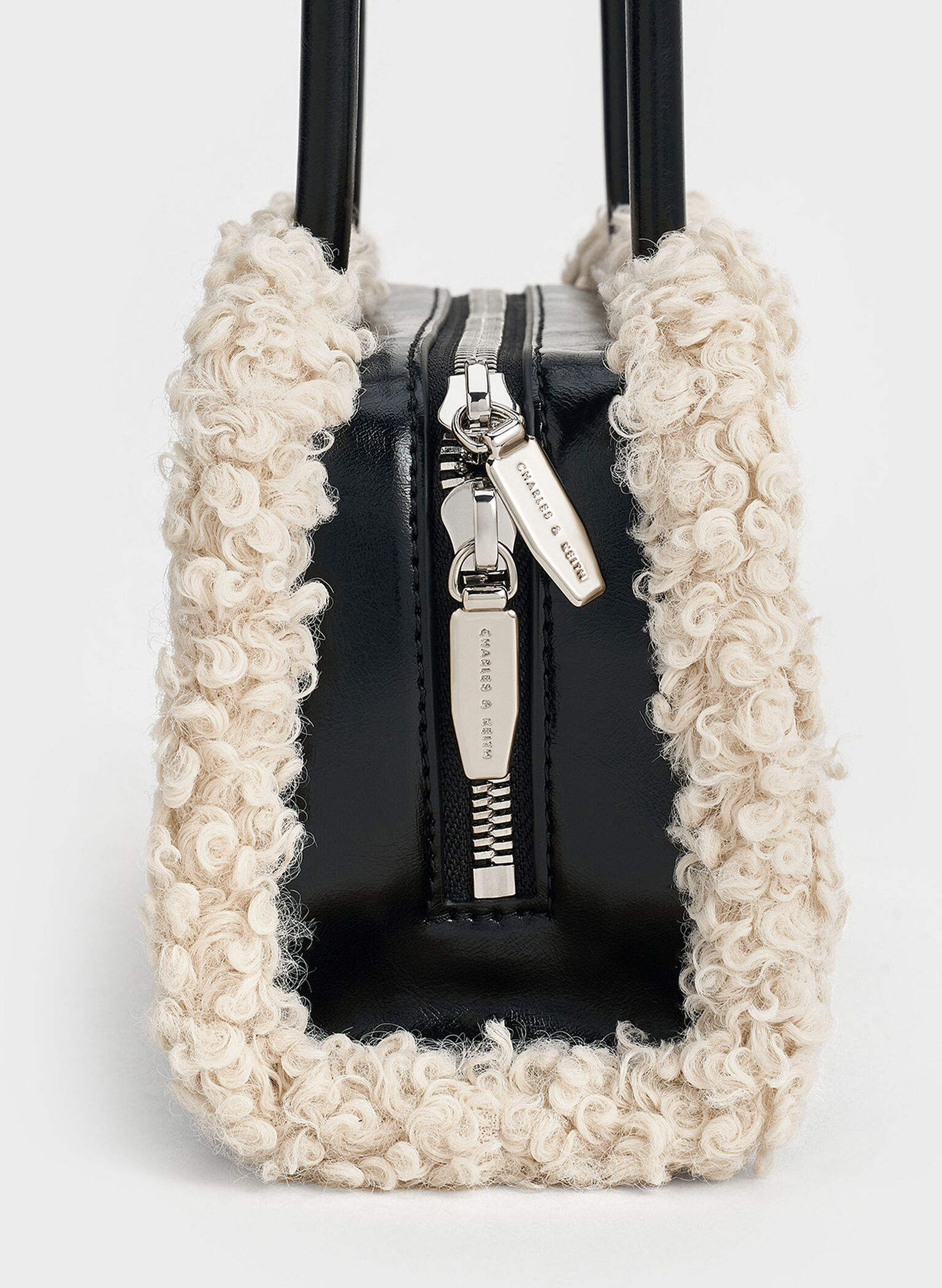 Fur-Trim Elongated-Handle Shoulder Bag, Chalk, hi-res