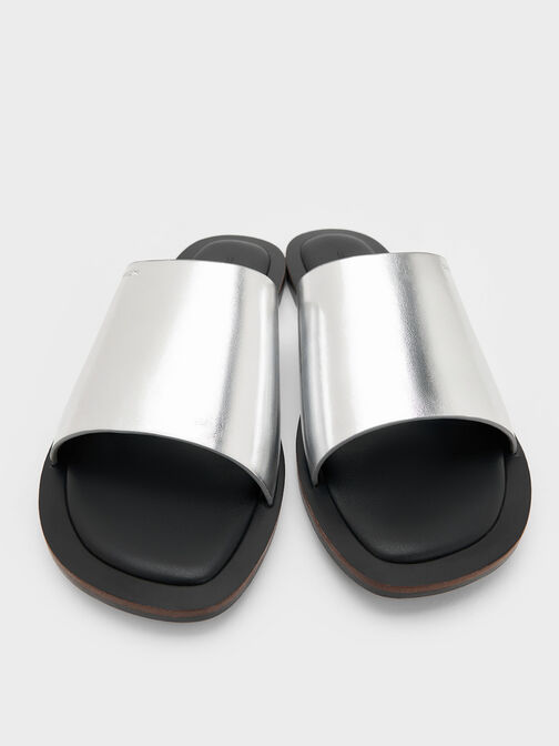 Metallic Wide-Strap Slide Sandals, Silver, hi-res