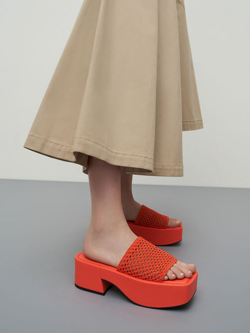 Knitted Platform Wedges, Coral, hi-res