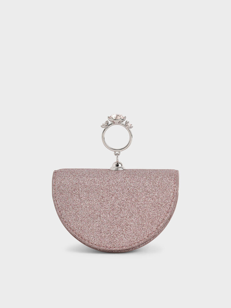 Embellished Glittered Semi-Circle Pouch, Rose Gold, hi-res
