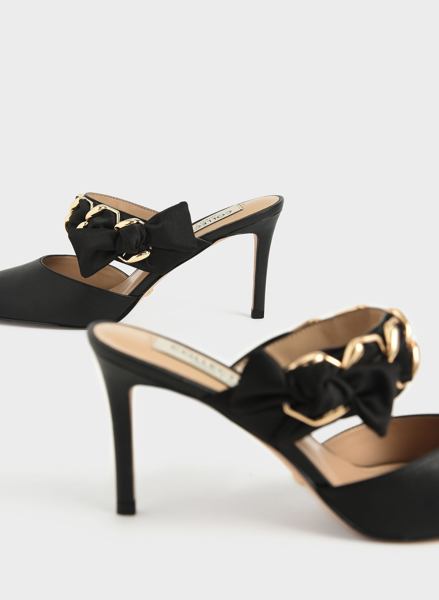 Satin Bow Leather Mules, Black, hi-res