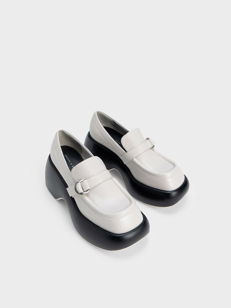 Buckled Platform Penny Loafers, White, hi-res