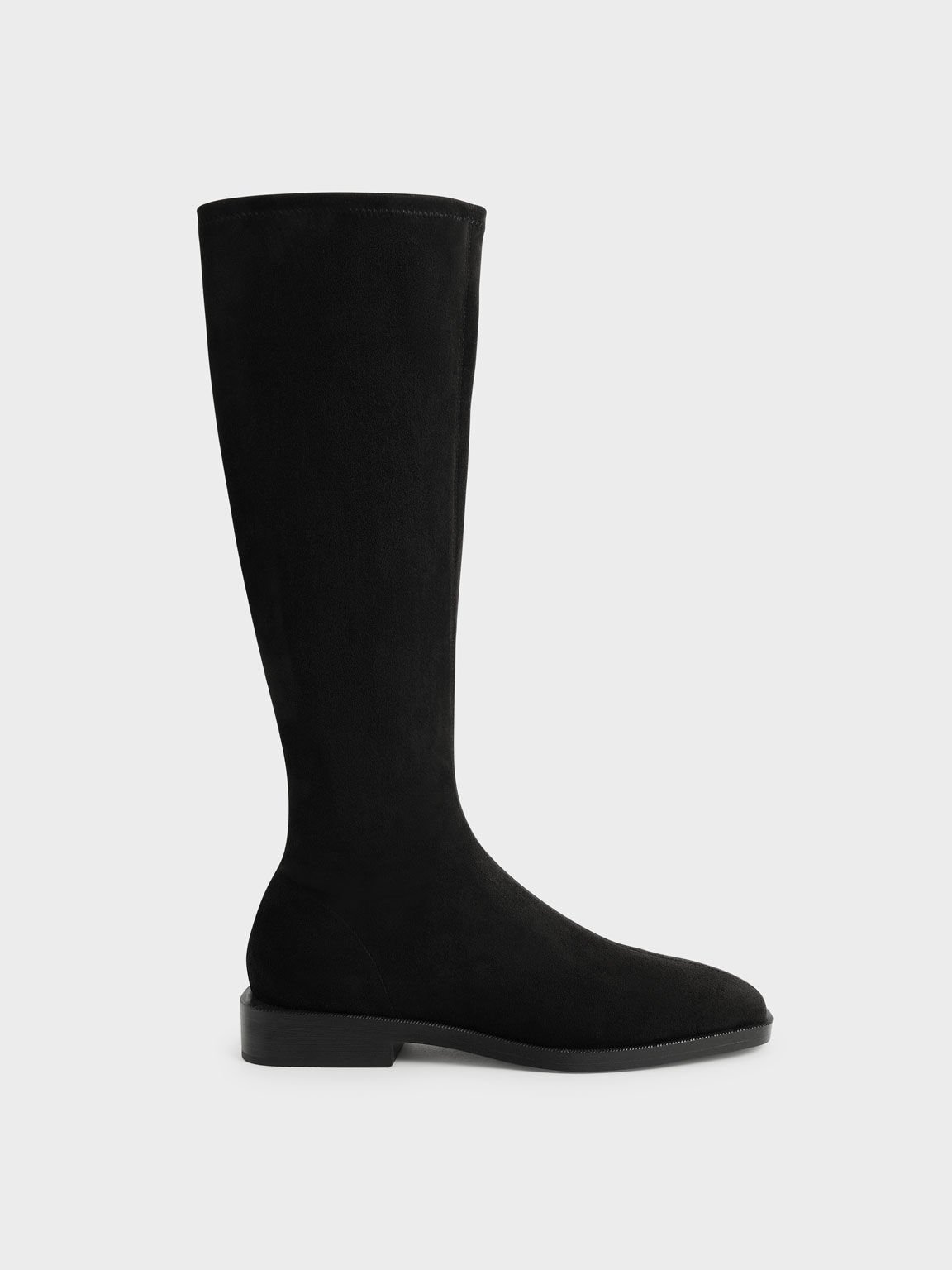Textured Knee High Flat Boots, Black Satin, hi-res