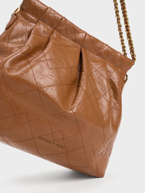Charles & Keith - Women's Tubular Slouchy Tote Bag, Cognac, XL