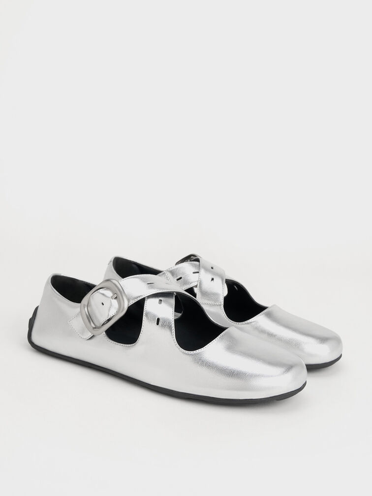 Metallic Crossover-Strap Mary Janes, Silver, hi-res