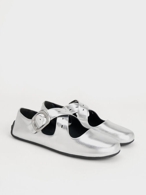 Metallic Crossover-Strap Mary Janes, Silver, hi-res