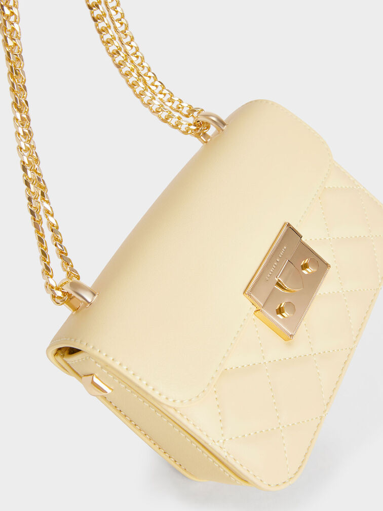 Metallic Push-Lock Chain Bag, Butter, hi-res