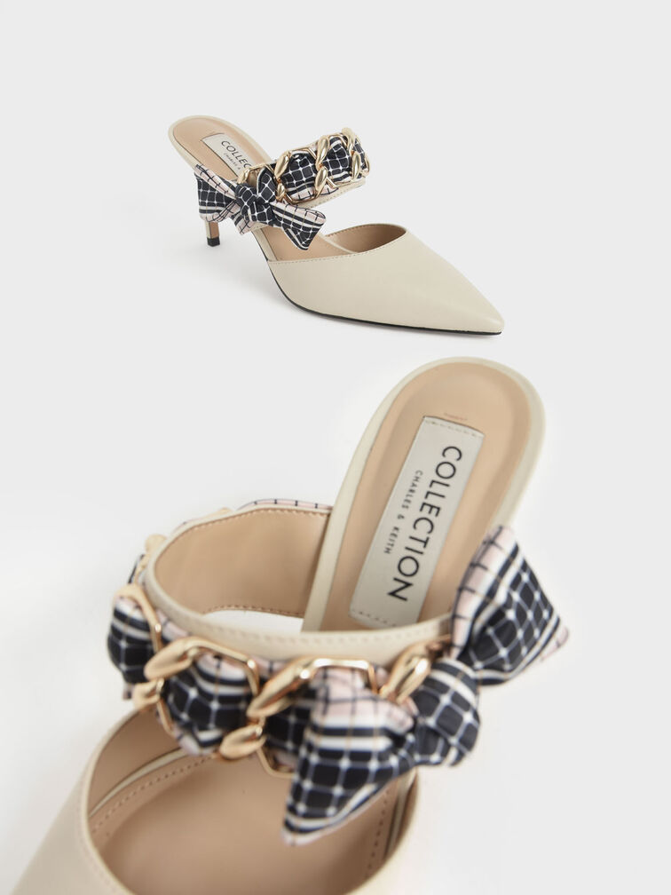 Printed Fabric Bow Leather Mules, Chalk, hi-res