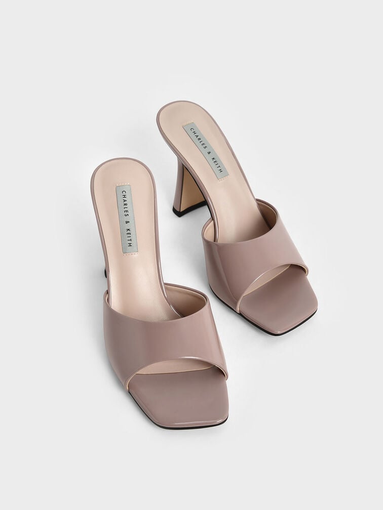 Patent Square Toe Heeled Mules, Taupe, hi-res