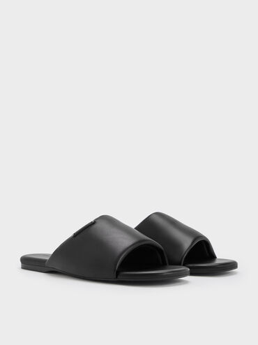 Puffy Wide-Strap Slide Sandals, Black, hi-res