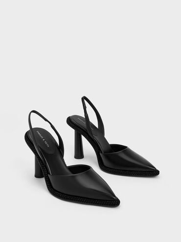 Zapatos de tacón destalonados con punta estrecha y adornos de cristal, Negro, hi-res