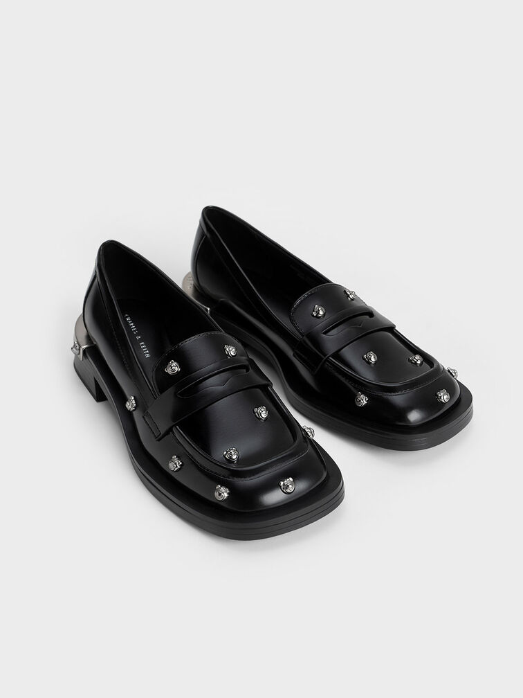 Lotso Studded Penny Loafers, Black, hi-res
