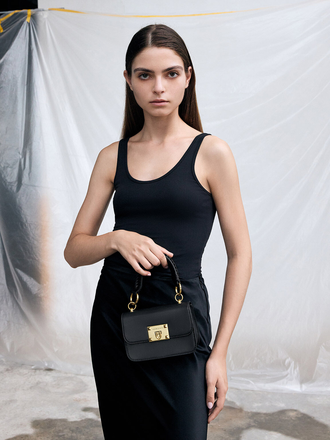 Metallic Turn Lock Bag Black