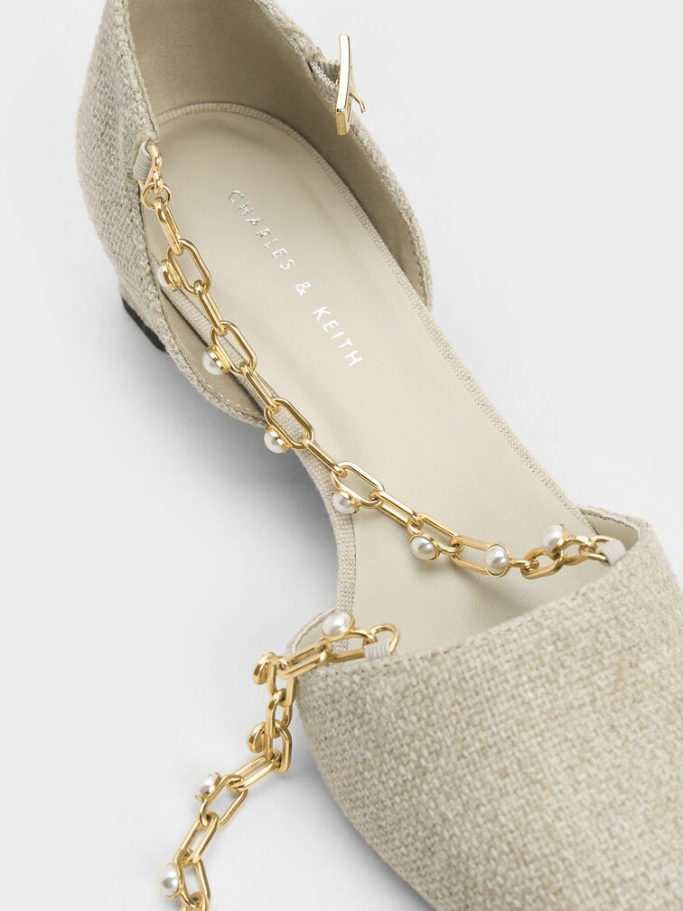 Beaded Metallic-Chain Linen D'Orsay Pumps, Beige, hi-res