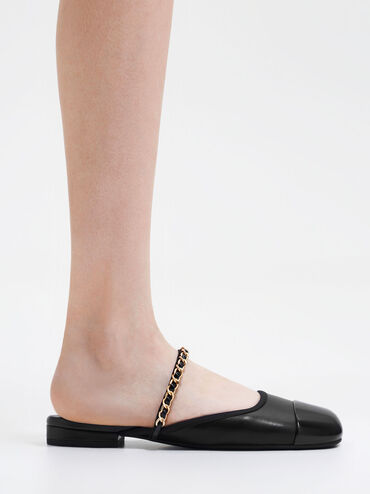 Patent Chain-Strap Mules, Black, hi-res