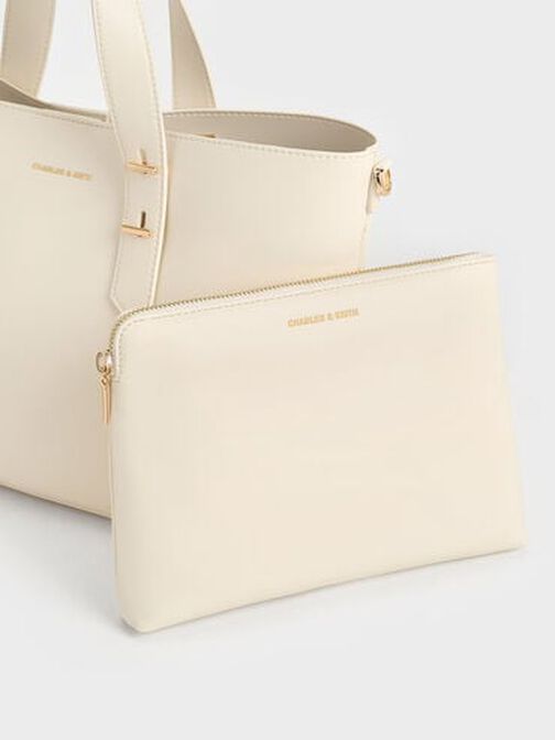 Metallic-Accent Double Handle Bag, Cream, hi-res