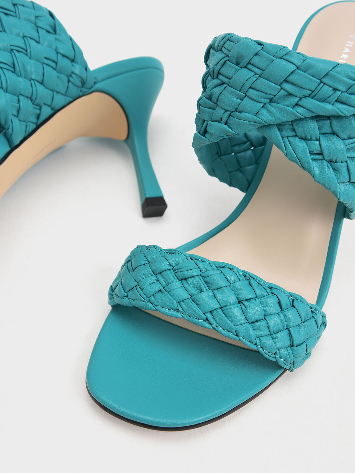 Double Strap Woven Heeled Mules, Turquoise, hi-res