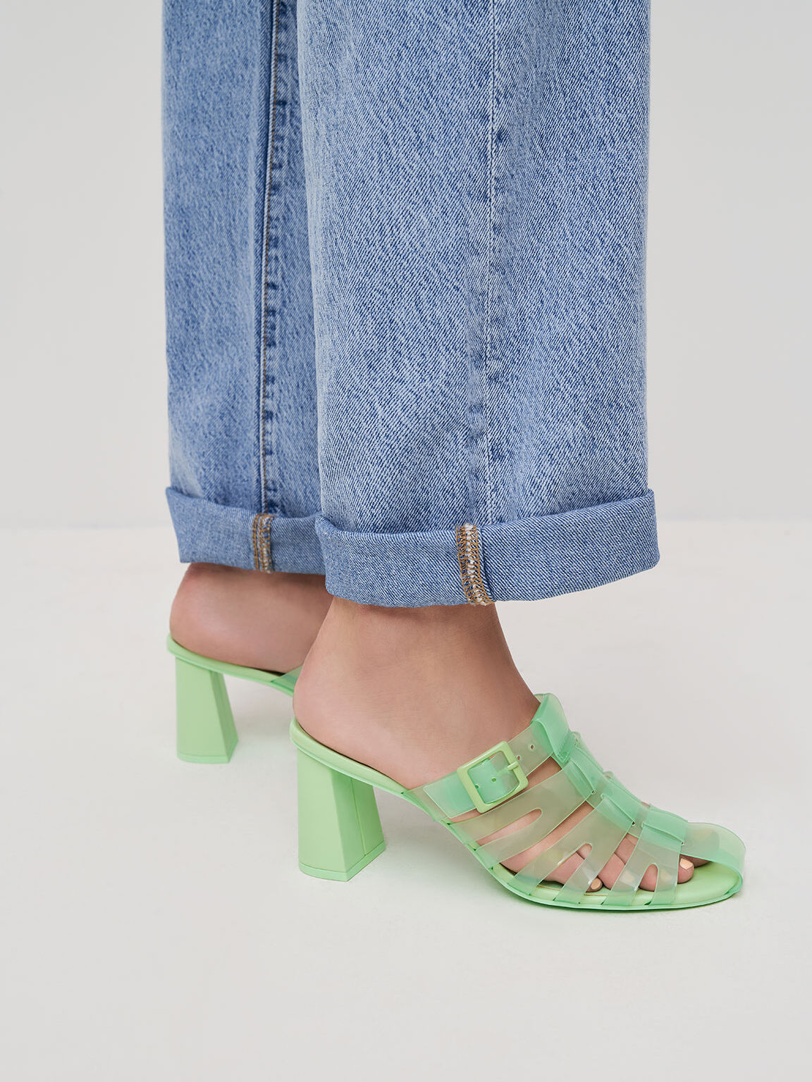 Madison See-Through Caged Mules, Green, hi-res