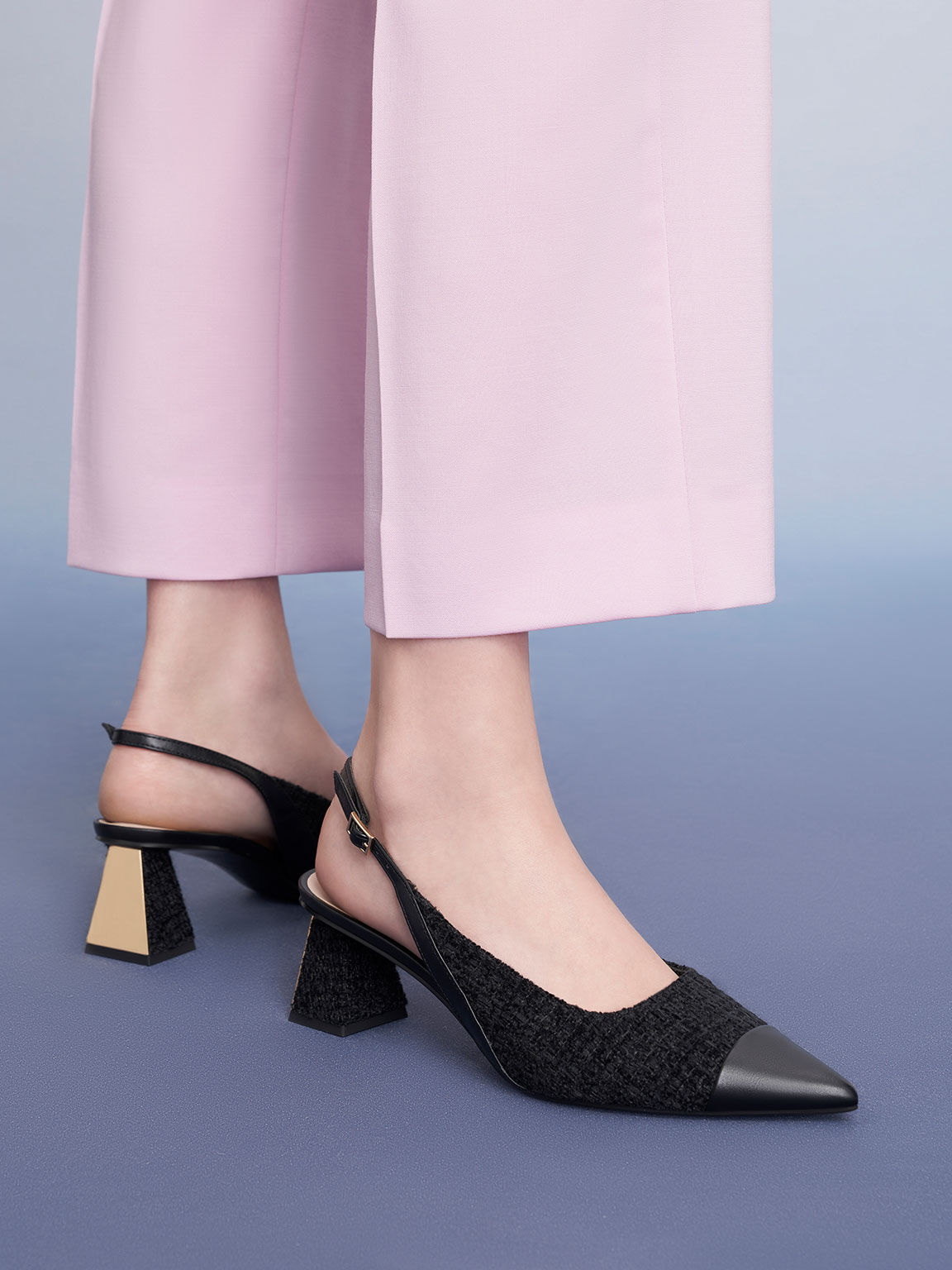 Tweed Toe Cap Slingback Pumps, Black Textured, hi-res