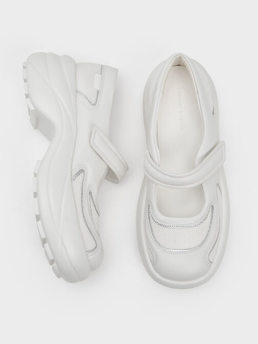 Mesh Curved Platform Mary Janes, White, hi-res