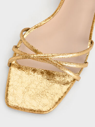 Metallic Crinkle-Effect Strappy Ankle-Strap Kitten-Heel Sandals, Gold, hi-res
