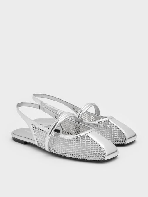Ellory Mesh Slingback Mary Jane Flats, Silver, hi-res