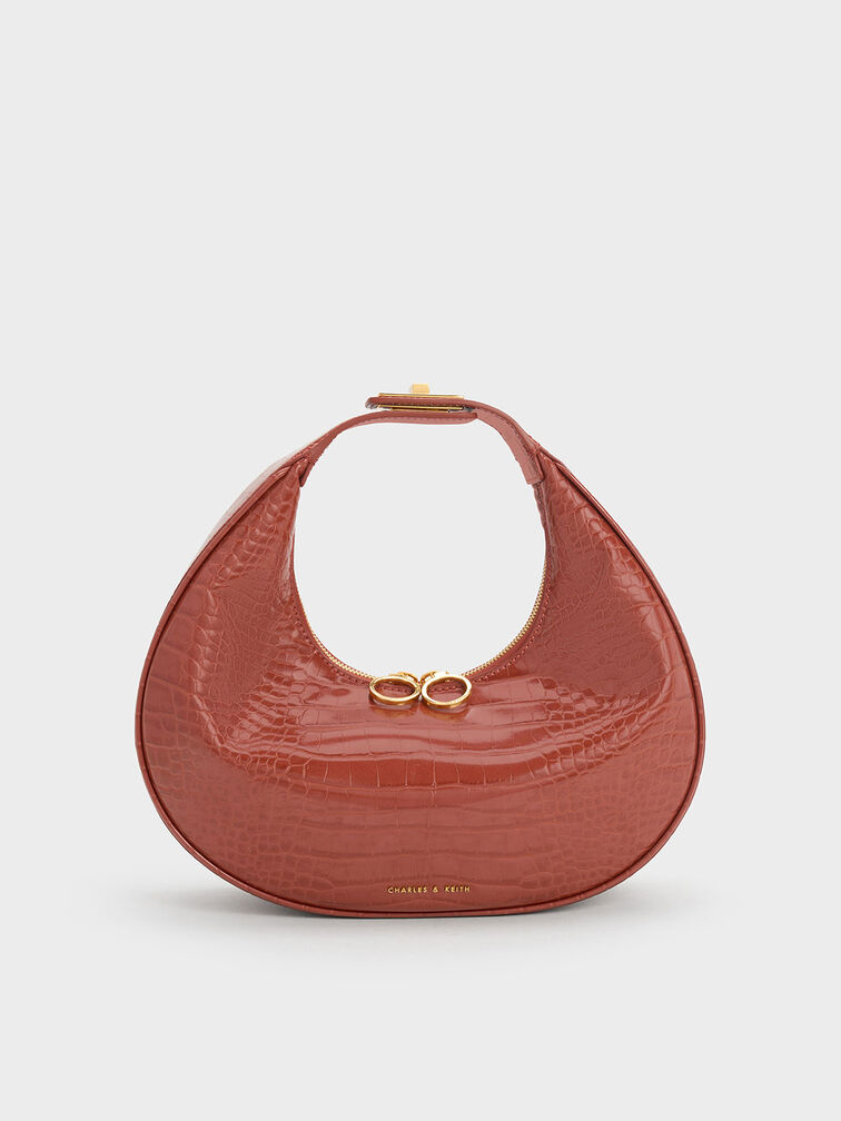 Brown Croc-Embossed Crescent Hobo Bag - CHARLES u0026 KEITH US