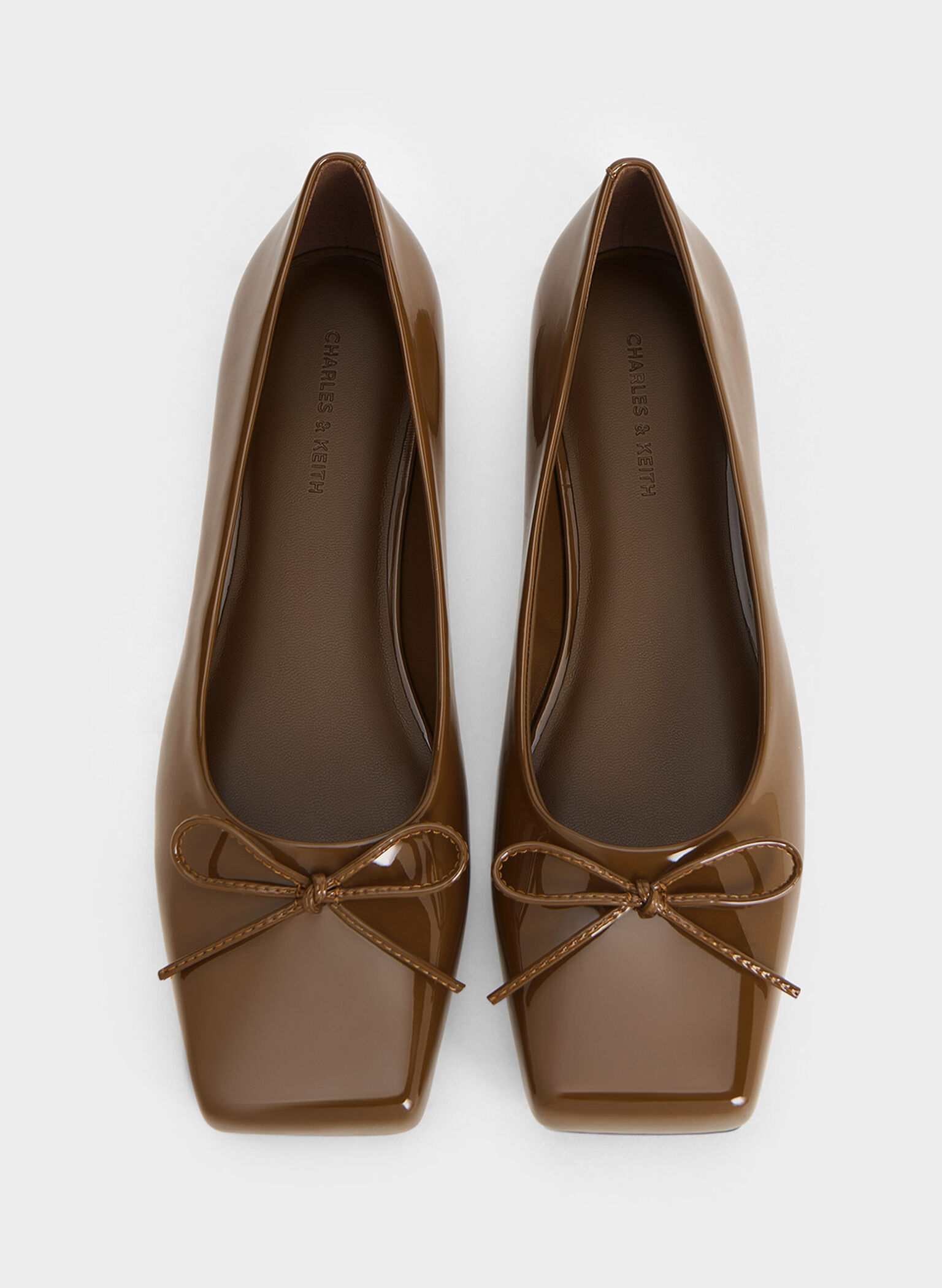 Square-Toe Bow Ballet Flats, Brown, hi-res