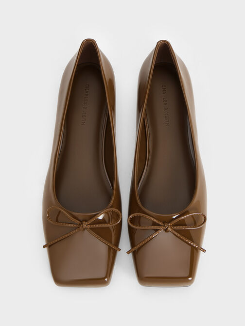 Square-Toe Bow Ballet Flats, Brown, hi-res