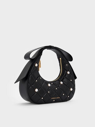 Janie Quilted Pearl-Embellished Bow-Handle Crescent Bag, Black, hi-res