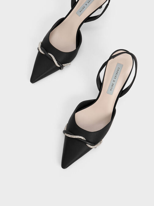Twist Detail Satin Slingback Pumps, Black, hi-res