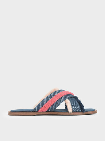 Multicoloured Woven Slide Sandals, Teal, hi-res