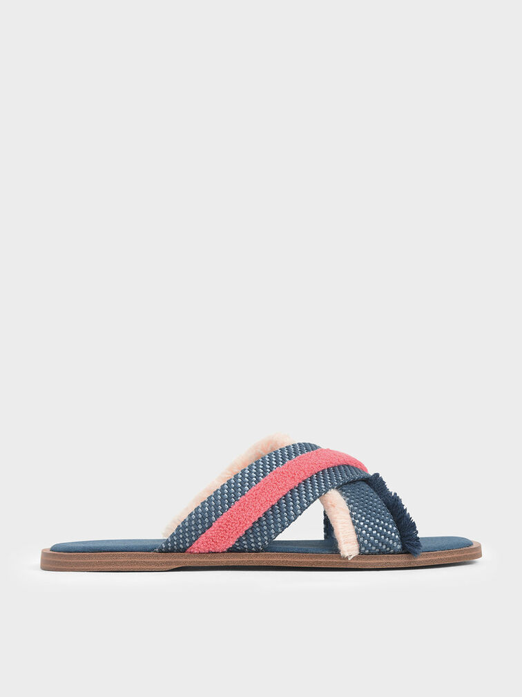 Multicoloured Woven Slide Sandals, Teal, hi-res