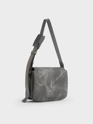 Bolsa de ombro jeans quadrada com aba frontal, Dark Grey, hi-res